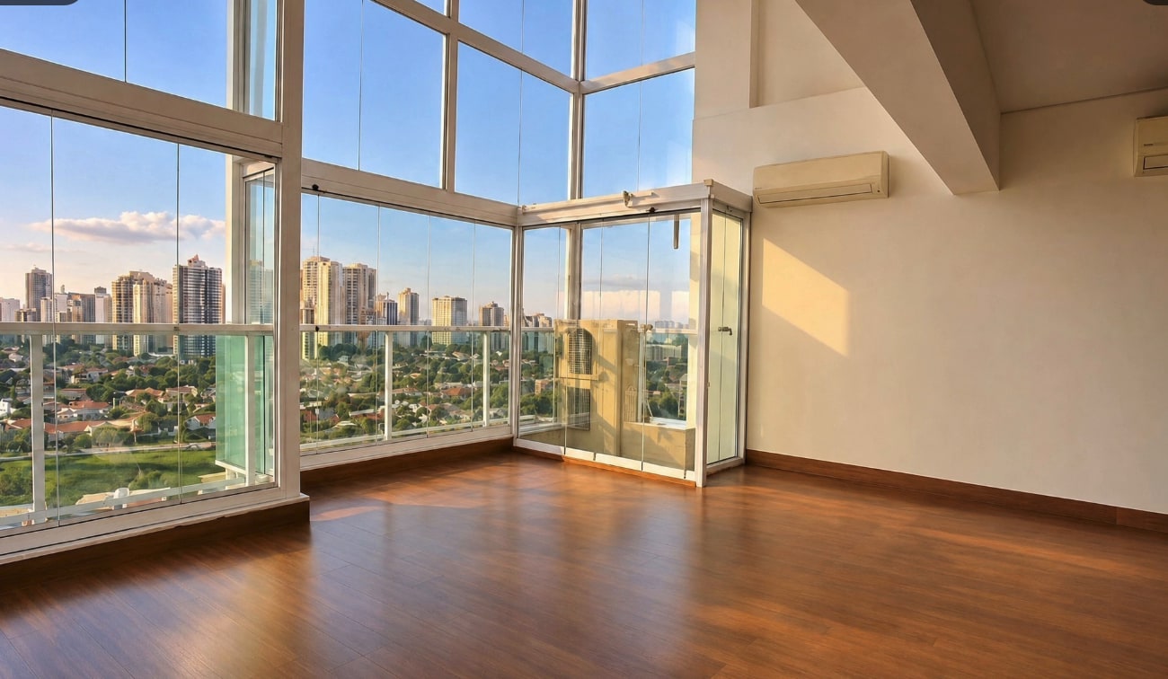 Sala de estar com vista para a cidade, depois de esvaziar com IA (ambientação virtual)