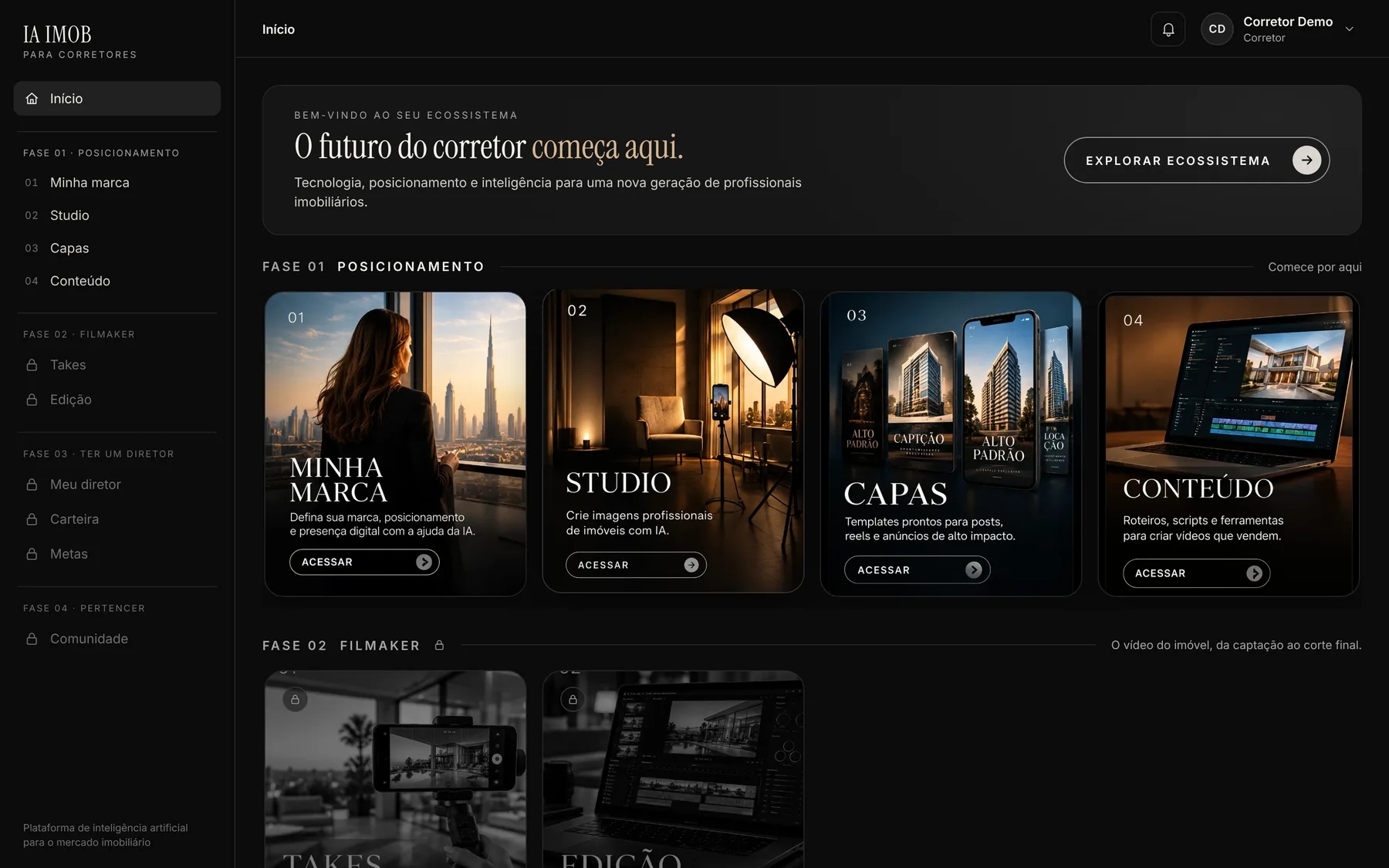 Tela inicial da plataforma IA IMOB: ferramentas organizadas por fase, com Minha marca, Estúdio, Capas e Conteúdo